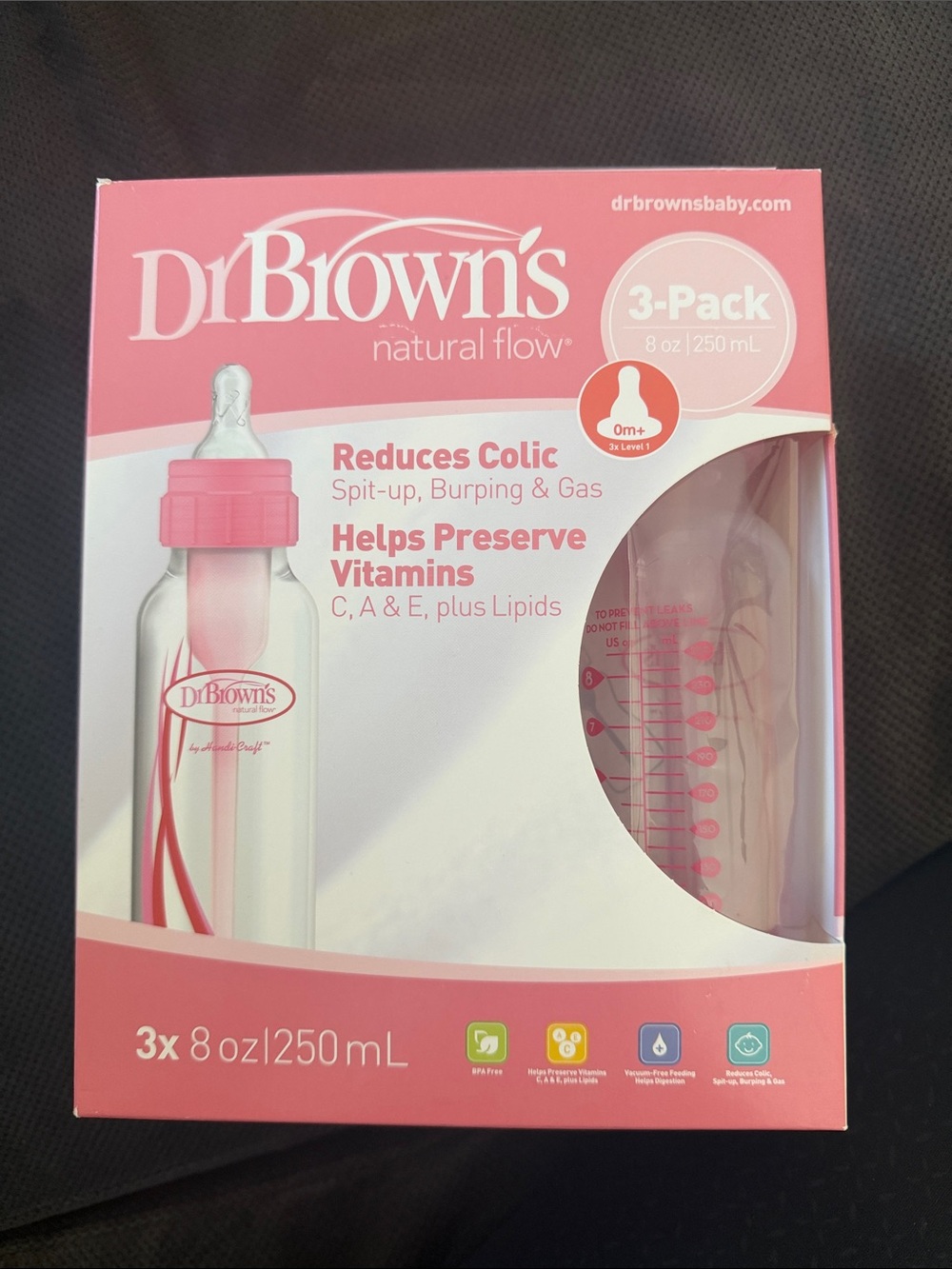 Dr. Brown's Natural Flow Baby Bottles - Pink (3-Pack, 8 oz)